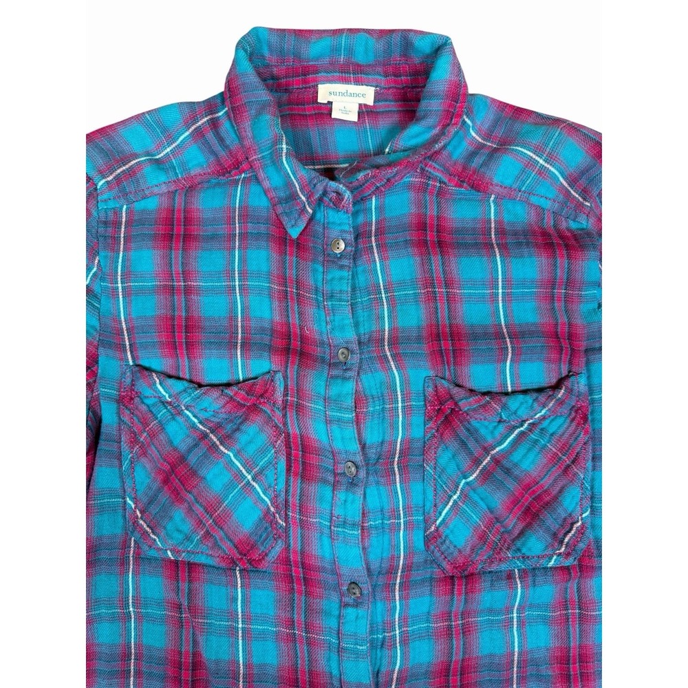 Sundance Priscilla Plaid Shirt Womens Large Blue Pink Cotton Roll Tab Sleeve Top